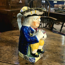 Load image into Gallery viewer, Yorkshire-prattware-pottery-Toby -jug-character-holding-pitcher-cup-cobalt-blue-coat-yellow-ochre-breeches-metallic-oxides-regional-kilns-caryatid-handle-spongeware-decoration-plinth-base-tricorn-hat-excellent-condition-Mexborough-for-sale-damon-blandford-antiques-stow-on-the-wold-cotswolds