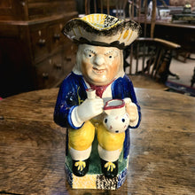 Load image into Gallery viewer, Yorkshire-prattware-pottery-Toby -jug-character-holding-pitcher-cup-cobalt-blue-coat-yellow-ochre-breeches-metallic-oxides-regional-kilns-caryatid-handle-spongeware-decoration-plinth-base-tricorn-hat-excellent-condition-Mexborough-for-sale-damon-blandford-antiques-stow-on-the-wold-cotswolds
