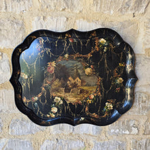 Load image into Gallery viewer, fine-quality-papier-mache-tray-impressed-makers-mark-b-walton-co-warranted-verso-scalloped-edge-gilt-decoration-black-gold-village-church-wolverhampton-style-lacquer-work-england-circa-1840s-for-sale-damon-blandford-antiques-scalloped-edge-rural-landscape-village-church-flowers-fine-trailing-gilt-swags-naturalistic-form-stark-contrast-black-ground-wolverhampton-style-japanning-lacquer-work-excellent-condition