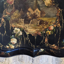 Load image into Gallery viewer, fine-quality-papier-mache-tray-impressed-makers-mark-b-walton-co-warranted-verso-scalloped-edge-gilt-decoration-black-gold-village-church-wolverhampton-style-lacquer-work-england-circa-1840s-for-sale-damon-blandford-antiques-scalloped-edge-rural-landscape-village-church-flowers-fine-trailing-gilt-swags-naturalistic-form-stark-contrast-black-ground-wolverhampton-style-japanning-lacquer-work-excellent-condition