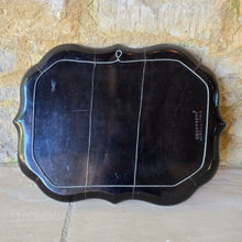 Load image into Gallery viewer, fine-quality-papier-mache-tray-impressed-makers-mark-b-walton-co-warranted-verso-scalloped-edge-gilt-decoration-black-gold-village-church-wolverhampton-style-lacquer-work-england-circa-1840s-for-sale-damon-blandford-antiques-scalloped-edge-rural-landscape-village-church-flowers-fine-trailing-gilt-swags-naturalistic-form-stark-contrast-black-ground-wolverhampton-style-japanning-lacquer-work-excellent-condition