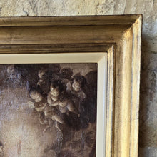 Load image into Gallery viewer, early-mono-chrome-religious-painting-manner-of-francesco-vanni-depict-vision-francesco-di-of-paola-portrays-figure-religious-habit-arms-out-stretched-palms-upwards-reverence-heavenly-host-candle-bright-light-reflecting-faces-putti-baroque-counter-reformation-period-16th-17th-18th-sienese-siena-school-preparatory-work-grand-painting-atmospheric-scene. The painting-good-condition-re-lined-conservation-work-bespoke-parcel-gilt-frame-for-sale-stow-on-the-wold-cotswolds-damon-blandford-antiques