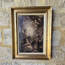 Load image into Gallery viewer, early-mono-chrome-religious-painting-manner-of-francesco-vanni-depict-vision-francesco-di-of-paola-portrays-figure-religious-habit-arms-out-stretched-palms-upwards-reverence-heavenly-host-candle-bright-light-reflecting-faces-putti-baroque-counter-reformation-period-16th-17th-18th-sienese-siena-school-preparatory-work-grand-painting-atmospheric-scene. The painting-good-condition-re-lined-conservation-work-bespoke-parcel-gilt-frame-for-sale-stow-on-the-wold-cotswolds-damon-blandford-antiques