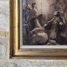 Load image into Gallery viewer, early-mono-chrome-religious-painting-manner-of-francesco-vanni-depict-vision-francesco-di-of-paola-portrays-figure-religious-habit-arms-out-stretched-palms-upwards-reverence-heavenly-host-candle-bright-light-reflecting-faces-putti-baroque-counter-reformation-period-16th-17th-18th-sienese-siena-school-preparatory-work-grand-painting-atmospheric-scene. The painting-good-condition-re-lined-conservation-work-bespoke-parcel-gilt-frame-for-sale-stow-on-the-wold-cotswolds-damon-blandford-antiques