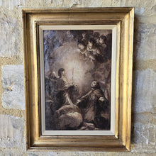 Load image into Gallery viewer, early-mono-chrome-religious-painting-manner-of-francesco-vanni-depict-vision-francesco-di-of-paola-portrays-figure-religious-habit-arms-out-stretched-palms-upwards-reverence-heavenly-host-candle-bright-light-reflecting-faces-putti-baroque-counter-reformation-period-16th-17th-18th-sienese-siena-school-preparatory-work-grand-painting-atmospheric-scene. The painting-good-condition-re-lined-conservation-work-bespoke-parcel-gilt-frame-for-sale-stow-on-the-wold-cotswolds-damon-blandford-antiques