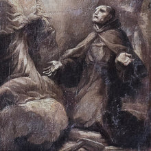 Load image into Gallery viewer, early-mono-chrome-religious-painting-manner-of-francesco-vanni-depict-vision-francesco-di-of-paola-portrays-figure-religious-habit-arms-out-stretched-palms-upwards-reverence-heavenly-host-candle-bright-light-reflecting-faces-putti-baroque-counter-reformation-period-16th-17th-18th-sienese-siena-school-preparatory-work-grand-painting-atmospheric-scene. The painting-good-condition-re-lined-conservation-work-bespoke-parcel-gilt-frame-for-sale-stow-on-the-wold-cotswolds-damon-blandford-antiques