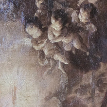 Load image into Gallery viewer, early-mono-chrome-religious-painting-manner-of-francesco-vanni-depict-vision-francesco-di-of-paola-portrays-figure-religious-habit-arms-out-stretched-palms-upwards-reverence-heavenly-host-candle-bright-light-reflecting-faces-putti-baroque-counter-reformation-period-16th-17th-18th-sienese-siena-school-preparatory-work-grand-painting-atmospheric-scene. The painting-good-condition-re-lined-conservation-work-bespoke-parcel-gilt-frame-for-sale-stow-on-the-wold-cotswolds-damon-blandford-antiques