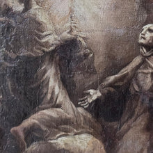 Load image into Gallery viewer, early-mono-chrome-religious-painting-manner-of-francesco-vanni-depict-vision-francesco-di-of-paola-portrays-figure-religious-habit-arms-out-stretched-palms-upwards-reverence-heavenly-host-candle-bright-light-reflecting-faces-putti-baroque-counter-reformation-period-16th-17th-18th-sienese-siena-school-preparatory-work-grand-painting-atmospheric-scene. The painting-good-condition-re-lined-conservation-work-bespoke-parcel-gilt-frame-for-sale-stow-on-the-wold-cotswolds-damon-blandford-antiques