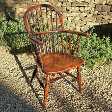 Load image into Gallery viewer, Lovely-colour-19th-century-windsor-arm-chair-low-hoop-stick-back-arm-rests-nicely-turned-supports-rare-alder-wood-saddled-seat-raised-on-turned-legs-h-shape-stretchers-design-north-east-or-thames-valley-areas-alder-shaped-comfortable-chair-excellent-condition-contemporary-period-settings-seating-for-sale-damon-blandford-antiques-stow-on-the-wold-cotswold-antiques