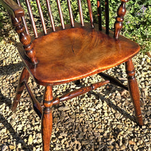 Load image into Gallery viewer, Lovely-colour-19th-century-windsor-arm-chair-low-hoop-stick-back-arm-rests-nicely-turned-supports-rare-alder-wood-saddled-seat-raised-on-turned-legs-h-shape-stretchers-design-north-east-or-thames-valley-areas-alder-shaped-comfortable-chair-excellent-condition-contemporary-period-settings-seating-for-sale-damon-blandford-antiques-stow-on-the-wold-cotswold-antiques