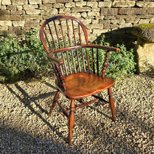 Load image into Gallery viewer, Lovely-colour-19th-century-windsor-arm-chair-low-hoop-stick-back-arm-rests-nicely-turned-supports-rare-alder-wood-saddled-seat-raised-on-turned-legs-h-shape-stretchers-design-north-east-or-thames-valley-areas-alder-shaped-comfortable-chair-excellent-condition-contemporary-period-settings-seating-for-sale-damon-blandford-antiques-stow-on-the-wold-cotswold-antiques