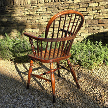 Load image into Gallery viewer, Lovely-colour-19th-century-windsor-arm-chair-low-hoop-stick-back-arm-rests-nicely-turned-supports-rare-alder-wood-saddled-seat-raised-on-turned-legs-h-shape-stretchers-design-north-east-or-thames-valley-areas-alder-shaped-comfortable-chair-excellent-condition-contemporary-period-settings-seating-for-sale-damon-blandford-antiques-stow-on-the-wold-cotswold-antiques
