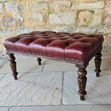 Load image into Gallery viewer, Striking-19th-century-stool-good-size-proportions-upholstered-deep-buttoned-oxblood-red-leather-turned-faux-bois-legs-simulated-rosewood-black-golden-brown-colours-eye-catching-furniture-function-well-living-room-bed-room-hall-crop-whip-bdsm-for-sale-damon-blandford-antiques-stroud-cotswolds