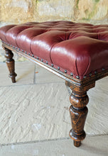 Load image into Gallery viewer, Striking-19th-century-stool-good-size-proportions-upholstered-deep-buttoned-oxblood-red-leather-turned-faux-bois-legs-simulated-rosewood-black-golden-brown-colours-eye-catching-furniture-function-well-living-room-bed-room-hall-crop-whip-bdsm-for-sale-damon-blandford-antiques-stroud-cotswolds