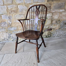 Load image into Gallery viewer, well-proportioned-hoop-stick-high-back-windsor-armchair-constructed-ash-saddled-elm-seat-central-shaped-splat-pierced-decoration-arm-bow-concave-shape-underarm-supports-turned-legs-H-shape-stretcher-comfortable-good-colour-buckinghamshire-lincolnshire-english-circa-1790-1800-1810-1820-for-sale-damon-blandford-antiques-stow-on-the-wold-cotswolds-antique-regional-provincial-furniture-seating