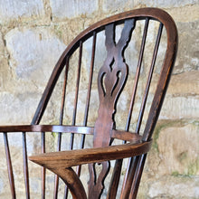 Load image into Gallery viewer, well-proportioned-hoop-stick-high-back-windsor-armchair-constructed-ash-saddled-elm-seat-central-shaped-splat-pierced-decoration-arm-bow-concave-shape-underarm-supports-turned-legs-H-shape-stretcher-comfortable-good-colour-buckinghamshire-lincolnshire-english-circa-1790-1800-1810-1820-for-sale-damon-blandford-antiques-stow-on-the-wold-cotswolds-antique-regional-provincial-furniture-seating