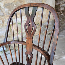 Load image into Gallery viewer, well-proportioned-hoop-stick-high-back-windsor-armchair-constructed-ash-saddled-elm-seat-central-shaped-splat-pierced-decoration-arm-bow-concave-shape-underarm-supports-turned-legs-H-shape-stretcher-comfortable-good-colour-buckinghamshire-lincolnshire-english-circa-1790-1800-1810-1820-for-sale-damon-blandford-antiques-stow-on-the-wold-cotswolds-antique-regional-provincial-furniture-seating