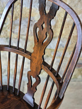 Load image into Gallery viewer, well-proportioned-hoop-stick-high-back-windsor-armchair-constructed-ash-saddled-elm-seat-central-shaped-splat-pierced-decoration-arm-bow-concave-shape-underarm-supports-turned-legs-H-shape-stretcher-comfortable-good-colour-buckinghamshire-lincolnshire-english-circa-1790-1800-1810-1820-for-sale-damon-blandford-antiques-stow-on-the-wold-cotswolds-antique-regional-provincial-furniture-seating