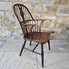 Load image into Gallery viewer, well-proportioned-hoop-stick-high-back-windsor-armchair-constructed-ash-saddled-elm-seat-central-shaped-splat-pierced-decoration-arm-bow-concave-shape-underarm-supports-turned-legs-H-shape-stretcher-comfortable-good-colour-buckinghamshire-lincolnshire-english-circa-1790-1800-1810-1820-for-sale-damon-blandford-antiques-stow-on-the-wold-cotswolds-antique-regional-provincial-furniture-seating
