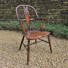 Load image into Gallery viewer, well-proportioned-hoop-stick-high-back-windsor-armchair-constructed-ash-saddled-elm-seat-central-shaped-splat-pierced-decoration-arm-bow-concave-shape-underarm-supports-turned-legs-H-shape-stretcher-comfortable-good-colour-buckinghamshire-lincolnshire-english-circa-1790-1800-1810-1820-for-sale-damon-blandford-antiques-stow-on-the-wold-cotswolds-antique-regional-provincial-furniture-seating