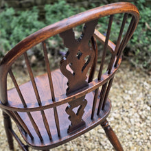 Load image into Gallery viewer, well-proportioned-hoop-stick-high-back-windsor-armchair-constructed-ash-saddled-elm-seat-central-shaped-splat-pierced-decoration-arm-bow-concave-shape-underarm-supports-turned-legs-H-shape-stretcher-comfortable-good-colour-buckinghamshire-lincolnshire-english-circa-1790-1800-1810-1820-for-sale-damon-blandford-antiques-stow-on-the-wold-cotswolds-antique-regional-provincial-furniture-seating