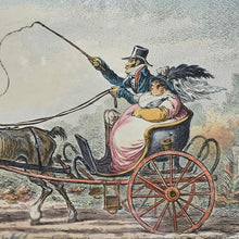 Load image into Gallery viewer, fine-social-satire-print-etching-by-james-gillray-published-1805-h-humphrey-27-st-james-street-london-slender-cockney-corpulent-wife-emaciated-horse-carriage-dog-bone-hand-coloured-excellent-condition-colour-ebonised-gilt-frame-for-sale-damon-blandford-antiques-stow-on-the-wold-cotswolds