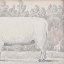 Load image into Gallery viewer, very-nice-folk art-wash-painting-yearling-ram within-rural-landscape-inscribed-mr-thorpe-1-year-bottom-right-fore-ground-field-ram-mid-ground-stile-field-boundary-sheep-eating-foliage-trees-18th-early-19th-century-naïve-quality-very-good-condition-framed-faux-bois-frame-gilt-slip-for-sale-damon-blandford-antiques-stow-on-the-wold-cotswolds-wall-art