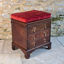 Load image into Gallery viewer, really-good-18th-century-early-oak-log-bin-small-faux-chest-three-drawers-moulded-lift-up-top-fitted-interior-removable-zinc-storage-bin-original-brass-drop-handles-bracket-feet-excellent-condition-good-colour-wear-velvet-seat-pad-informal-fireside-seat-for-sale-stow-on-the-wold-damon-blandford-antiques-cotswolds