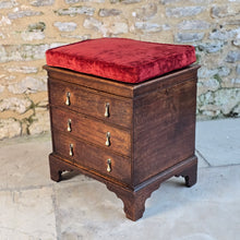Load image into Gallery viewer, really-good-18th-century-early-oak-log-bin-small-faux-chest-three-drawers-moulded-lift-up-top-fitted-interior-removable-zinc-storage-bin-original-brass-drop-handles-bracket-feet-excellent-condition-good-colour-wear-velvet-seat-pad-informal-fireside-seat-for-sale-stow-on-the-wold-damon-blandford-antiques-cotswolds