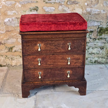 Load image into Gallery viewer, really-good-18th-century-early-oak-log-bin-small-faux-chest-three-drawers-moulded-lift-up-top-fitted-interior-removable-zinc-storage-bin-original-brass-drop-handles-bracket-feet-excellent-condition-good-colour-wear-velvet-seat-pad-informal-fireside-seat-for-sale-stow-on-the-wold-damon-blandford-antiques-cotswolds