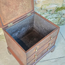 Load image into Gallery viewer, really-good-18th-century-early-oak-log-bin-small-faux-chest-three-drawers-moulded-lift-up-top-fitted-interior-removable-zinc-storage-bin-original-brass-drop-handles-bracket-feet-excellent-condition-good-colour-wear-velvet-seat-pad-informal-fireside-seat-for-sale-stow-on-the-wold-damon-blandford-antiques-cotswolds