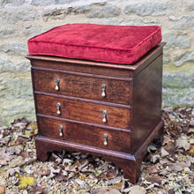 Load image into Gallery viewer, really-good-18th-century-early-oak-log-bin-small-faux-chest-three-drawers-moulded-lift-up-top-fitted-interior-removable-zinc-storage-bin-original-brass-drop-handles-bracket-feet-excellent-condition-good-colour-wear-velvet-seat-pad-informal-fireside-seat-for-sale-stow-on-the-wold-damon-blandford-antiques-cotswolds