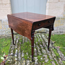 Load image into Gallery viewer, Fine-quality-late-19th-century-georgian-drop-leaf-pembroke-table-butterfly-shaped-top-frieze-drawer-bramah-lock-false-drawer-front-turned-wooden-drawer-pulls-tapered-ring-turned-legs-original-brass-cup-castors-really-attractive-useful-occasional-table-excellent-colour-for-sale-damon-blandford-antiques-cotswolds-stow-on-the-wold