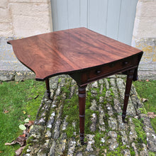 Load image into Gallery viewer, Fine-quality-late-19th-century-georgian-drop-leaf-pembroke-table-butterfly-shaped-top-frieze-drawer-bramah-lock-false-drawer-front-turned-wooden-drawer-pulls-tapered-ring-turned-legs-original-brass-cup-castors-really-attractive-useful-occasional-table-excellent-colour-for-sale-damon-blandford-antiques-cotswolds-stow-on-the-wold