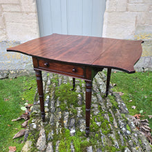 Load image into Gallery viewer, Fine-quality-late-19th-century-georgian-drop-leaf-pembroke-table-butterfly-shaped-top-frieze-drawer-bramah-lock-false-drawer-front-turned-wooden-drawer-pulls-tapered-ring-turned-legs-original-brass-cup-castors-really-attractive-useful-occasional-table-excellent-colour-for-sale-damon-blandford-antiques-cotswolds-stow-on-the-wold