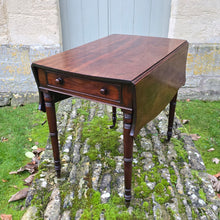 Load image into Gallery viewer, Fine-quality-late-19th-century-georgian-drop-leaf-pembroke-table-butterfly-shaped-top-frieze-drawer-bramah-lock-false-drawer-front-turned-wooden-drawer-pulls-tapered-ring-turned-legs-original-brass-cup-castors-really-attractive-useful-occasional-table-excellent-colour-for-sale-damon-blandford-antiques-cotswolds-stow-on-the-wold