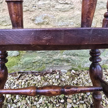 Load image into Gallery viewer, Well-proportioned-19th-century-ash-elm-captains-smokers-bowback-armchair-features-wide-bow-back-deep-scrolled-crest-rail-ring-turned-spindles-well-figured-saddle-seat-bulbous-baluster-shape-legs-H-shape-stretcher-DC-good-solid-comfortable-chair-excellent-condition-for-sale-damon-blandford-antiquesd-stow-on-the-wold-cotswolds