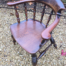 Load image into Gallery viewer, Well-proportioned-19th-century-ash-elm-captains-smokers-bowback-armchair-features-wide-bow-back-deep-scrolled-crest-rail-ring-turned-spindles-well-figured-saddle-seat-bulbous-baluster-shape-legs-H-shape-stretcher-DC-good-solid-comfortable-chair-excellent-condition-for-sale-damon-blandford-antiquesd-stow-on-the-wold-cotswolds