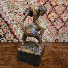 Load image into Gallery viewer, Good-19th-century-wood-carving-two boys-playing-leap-frog-single-block-linden-wood-finely-carved-folds-in-cloths-waves-in-hair-beautifully-capture-movement-wonderful-sculpture-freedom-joy-youth-european-for-sale-damon-blandford-antiques-stow-on-the-wold-cotswolds