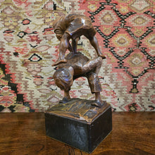 Load image into Gallery viewer, Good-19th-century-wood-carving-two boys-playing-leap-frog-single-block-linden-wood-finely-carved-folds-in-cloths-waves-in-hair-beautifully-capture-movement-wonderful-sculpture-freedom-joy-youth-european-for-sale-damon-blandford-antiques-stow-on-the-wold-cotswolds