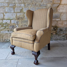 Load image into Gallery viewer, Fine-quality-georgian-wing-back-armchair-excellent proportions-scrolled-arms-well-carved-ball-and-claw-feet-very-comfortable-generous-proportions-feather-cushion-newly-re-upholstered-high-quality-fabric-elegant-magnificent-traditional-contemporary-setting-interior-design-for-sale-damon-blandford-antiques-stow-on-the-wold-cotswolds-seating-fabric