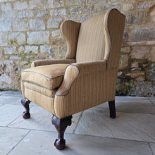 Load image into Gallery viewer, Fine-quality-georgian-wing-back-armchair-excellent proportions-scrolled-arms-well-carved-ball-and-claw-feet-very-comfortable-generous-proportions-feather-cushion-newly-re-upholstered-high-quality-fabric-elegant-magnificent-traditional-contemporary-setting-interior-design-for-sale-damon-blandford-antiques-stow-on-the-wold-cotswolds-seating-fabric