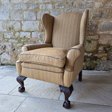 Load image into Gallery viewer, Fine-quality-georgian-wing-back-armchair-excellent proportions-scrolled-arms-well-carved-ball-and-claw-feet-very-comfortable-generous-proportions-feather-cushion-newly-re-upholstered-high-quality-fabric-elegant-magnificent-traditional-contemporary-setting-interior-design-for-sale-damon-blandford-antiques-stow-on-the-wold-cotswolds-seating-fabric