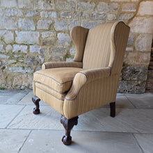 Load image into Gallery viewer, Fine-quality-georgian-wing-back-armchair-excellent proportions-scrolled-arms-well-carved-ball-and-claw-feet-very-comfortable-generous-proportions-feather-cushion-newly-re-upholstered-high-quality-fabric-elegant-magnificent-traditional-contemporary-setting-interior-design-for-sale-damon-blandford-antiques-stow-on-the-wold-cotswolds-seating-fabric