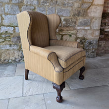 Load image into Gallery viewer, Fine-quality-georgian-wing-back-armchair-excellent proportions-scrolled-arms-well-carved-ball-and-claw-feet-very-comfortable-generous-proportions-feather-cushion-newly-re-upholstered-high-quality-fabric-elegant-magnificent-traditional-contemporary-setting-interior-design-for-sale-damon-blandford-antiques-stow-on-the-wold-cotswolds-seating-fabric