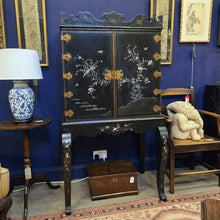 Load image into Gallery viewer, Very-fine-rare-19th-century-cabinet-on-stand-japanese-taste-hard-wood-timber-papier-mache-panels-black-lacquer-inset-mother-of-pearl-decoration-very-high-quality-gilt-metal-fittings-five-graduated-drawers-shaped-cornice-mouldings-gold-flakes-decorative-appeal-splendid-furniture-excellent-condition-restoration-jennens-&-bettridge-english-circa-1850s-for-sale-damon-blandford-antiques-stow-on-the-wold-cotswolds
