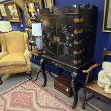 Load image into Gallery viewer, Very-fine-rare-19th-century-cabinet-on-stand-japanese-taste-hard-wood-timber-papier-mache-panels-black-lacquer-inset-mother-of-pearl-decoration-very-high-quality-gilt-metal-fittings-five-graduated-drawers-shaped-cornice-mouldings-gold-flakes-decorative-appeal-splendid-furniture-excellent-condition-restoration-jennens-&-bettridge-english-circa-1850s-for-sale-damon-blandford-antiques-stow-on-the-wold-cotswolds