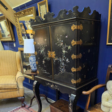 Load image into Gallery viewer, Very-fine-rare-19th-century-cabinet-on-stand-japanese-taste-hard-wood-timber-papier-mache-panels-black-lacquer-inset-mother-of-pearl-decoration-very-high-quality-gilt-metal-fittings-five-graduated-drawers-shaped-cornice-mouldings-gold-flakes-decorative-appeal-splendid-furniture-excellent-condition-restoration-jennens-&-bettridge-english-circa-1850s-for-sale-damon-blandford-antiques-stow-on-the-wold-cotswolds
