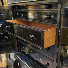 Load image into Gallery viewer, Very-fine-rare-19th-century-cabinet-on-stand-japanese-taste-hard-wood-timber-papier-mache-panels-black-lacquer-inset-mother-of-pearl-decoration-very-high-quality-gilt-metal-fittings-five-graduated-drawers-shaped-cornice-mouldings-gold-flakes-decorative-appeal-splendid-furniture-excellent-condition-restoration-jennens-&-bettridge-english-circa-1850s-for-sale-damon-blandford-antiques-stow-on-the-wold-cotswolds