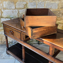 Load image into Gallery viewer, good-early-19th-century-welsh-oak-dresser-base-three-drawers-cock-beading-original-turned-wooden-drawer-pulls-apron-applied-moulded-edge-turned-supports-pot-board-bracket-feet-good-colour-excellent-condition-for-sale-damon-blandford-antiques-stow-on-the-wold-cotswolds